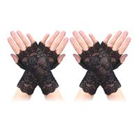 WLLHYF Lot de 2 paires de gants en dentelle pour femme - Noir - Courts - Sans doigts - Pour Halloween, mariage, demoiselle d'honneur, cosplay, fête, bal de fin d'année, mascarade, Noir , 17 cm x 9 cm