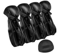 WLLHYF Lot de 4 bonnets Durag en soie à longue queue Durag 1 vague - Respirant - Turban - Doux - Pour pirate, perte de cheveux, chimio, 5 Noir, Taille unique