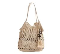 WLLJYSJZL Sac fourre-tout tissé fait à la main pour femme - Style bohème - Pour vacances d'été - Plage - Avec pompons, beige