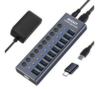 WLXKJY Aktiver Hub mit 72W (24V/3A) Netzteil, 10 Aluminium Ports USB 3.0 Hub zum Laden und Hochgeschwindigkeitsdatentransfer, Multiport USB 3.0 Splitter mit Einzelschaltern, USB-C Adapter