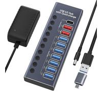 WLXKJY Hub USB Active 3.0, Alimentation 72 W (24 V3 A), Hub USB 10 en 1 (7 Ports de Transfert de données USB 3.0 et Chargeur Rapide 3 Ports)