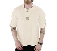WLXW Costume À Manches Courtes Tunique en Lin Médiéval pour Hommes Grande Taille, T-Shirt Viking Haut Chemise de Grand-Père Hippie Pirate, Amulette de Rune Boussole Odin Vegvisir 3D,Beige,XXXXL