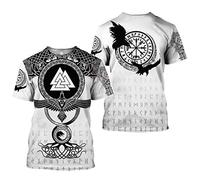 WLXW Imprimé 3D Manches Courtes Personnalisé, T-Shirt Nordique Viking, Corbeau D'odin Et Loup Celtique Rune Boussole Manches Courtes, Cadeau Drôle De Chemise De Guerrier Viking,003,L