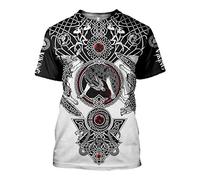 WLXW Imprimé 3D Manches Courtes Personnalisé, T-Shirt Nordique Viking, Corbeau D'odin Et Loup Celtique Rune Boussole Manches Courtes, Cadeau Drôle De Chemise De Guerrier Viking,008,XL