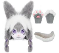 WLYEZAU Masque De Fourrure De Lapin À Tête d'animal, Gants Et Queue en Peluche Douce for Halloween, for Jeux De Rôle Et Spectacles sur Scène(C)