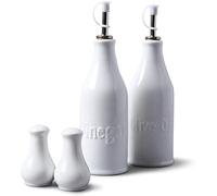 WM Bartleet & Sons - Bouteilles d'huile d'olive et vinaigre (24 cm) avec bec verseur en acier inoxydable et salière et poivrière (13 cm) - Fabriqué en porcelaine - Finition lisse classique