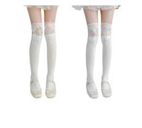 WMAMBZNDHP 1 Paire de Chaussettes en Dentelle Blanche avec Ruban noué Velours au-Dessus du Genou, Mignonnes et Douces au Mollet for Femmes, mi-Jambe, Kawai, Cuisses Hautes(White and Blue)