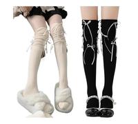 WMAMBZNDHP Chaussettes Femmes Pansement Ruban nœud Filles Douces Kawaii Sexy Tube Moyen Chaussettes Style Ballet Couleur Unie Noir Blanc(Beige Black)