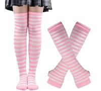 WMAMBZNDHP Chaussettes Gothiques Punk à Longues Rayures for Femmes, 2 Paires/Ensemble, au-Dessus du Genou, Manches de Bras, Gants, Cuisses Hautes, Chaussettes en Coton, Doux et Mignon, Cadeau noël(9)