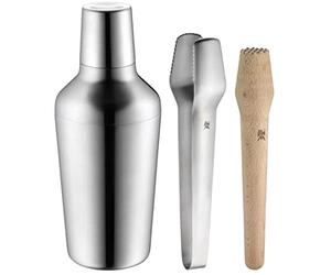 WMF Bar Set de 4 pièces Doseur Passoire mesure pince Pilon Matriochka en acier inoxydable Cromargan Hêtre cadeau Passe au lave-vaisselle