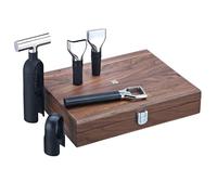 baric sommelier vin set de 5 pièces boîte en bois couleur noyer, tire-bouchon, plastique, bouchon, gießer vin, décapsuleur, noir
