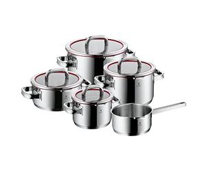 WMF Function 4 set de casseroles induction 5 pièces, couvercle en verre avec 4 fonctions de versement, acier inoxydable Cromargan poli, set de casseroles à induction, détartrage interne