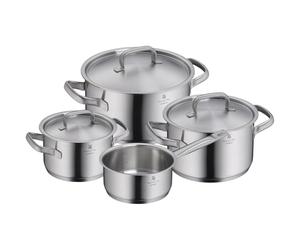 WMF Gourmet Plus Set de 4 casseroles à induction, avec couvercle en métal, acier inoxydable Cromargan mat, induction non revêtu, graduation interne.