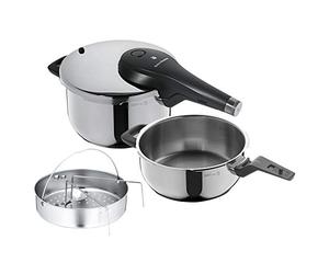 WMF Perfect Premium One Pot set d'autocuiseurs à induction 3 pièces, autocuiseur 4,5 l + 3 l avec set d'inserts, grande marmite, acier inoxydable Cromargan, 2 niveaux de cuisson, bouton rotatif