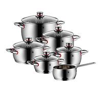 WMF Quality One set de casseroles induction 6 pièces, set de casseroles avec couvercle en verre, acier inoxydable poli Cromargan, set de casseroles à induction non revêtu, ouverture vapeur