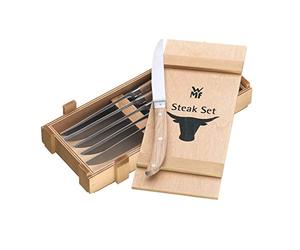 WMF Ranch set de couteaux à steak 6 pièces, lame en acier forgé spécial, couteau à pizza, acier inoxydable Cromargan mat, bois de chêne huilé