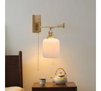 Wmmner Adjustable Swing Arm Wall Lamp With Pull Cord Switch - Modern Gold Bedside Sconce, Rotatable Brass Light & Milk White Ribbed Ceramic Shade For Bedroom, Living Room, Study/Forme de Cylindre