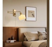 Wmmner Adjustable Swing Arm Wall Lamp With Pull Cord Switch - Modern Gold Bedside Sconce, Rotatable Brass Light & Milk White Ribbed Ceramic Shade For Bedroom, Living Room, Study/Cloche