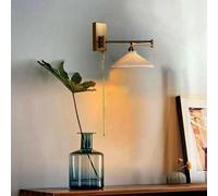 Wmmner Adjustable Swing Arm Wall Lamp With Pull Cord Switch - Modern Gold Bedside Sconce, Rotatable Brass Light & Milk White Ribbed Ceramic Shade For Bedroom, Living Room, Study/Trapézoïde