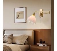 Wmmner Adjustable Swing Arm Wall Lamp With Pull Cord Switch - Modern Gold Bedside Sconce, Rotatable Brass Light & Milk White Ribbed Ceramic Shade For Bedroom, Living Room, Study/Sphérique