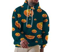 Wmmner Costumes D'Halloween Pour Hommes Sweats À Capuche Jack O' Lantern T-Shirts À Poche Avec Visage de Citrouille Et Boutonnage 1/4 Sweats À Capuche/Sweats À Capuche Halloween Bleus Pour Hommes/M