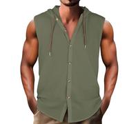 Wmmner Débardeurs Pour Hommes T-Shirts Sans Manches Sweats À Capuche En Coton Et Lin Chemise Boutonnée T-Shirt À Cordon Summer Beach Hooded Tees/Vert/Xl