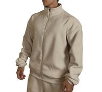 Wmmner Fleece Pullover Men Winter Polo Shirt Long Sleeve Casual Fashion Mock Neck Tops Fall Jacket Men's Plain Zip up Sweatshirt/Beige/L