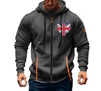 Wmmner Full Zip Hoodies for Men Outdoor Casual Trendy Fall Shirt Long Sleeve Fashion Graphic Jacket Men'sin Union Flag Print Hooded Sweatshirts/K Gray/M