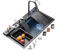 Wmmner Grand Évier de Cuisine En Cascade En Acier Inoxydable Avec Affichage de La Température, Conception À Un Seul Bol, Accessoires Complets Inclus (75X45X22Cm) - Mise Àu Moderne Et Fonctionnelle Pou