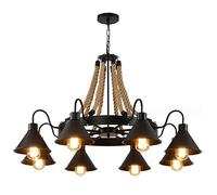 Wmmner Luminaire Suspendu Industriel En Forme de Roue de Charrette, Plafonnier Noir, Lustre À 8 Lumières Pour Chambre À Coucher, Avec Abat-Jour En Fer Noir, Suspensions En Corde de Chanvre de 36,6 Pou