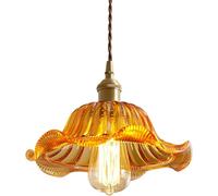 Wmmner Lustre Ambre Verre Abat-Jour Plafond Suspendulampe Ing, Suspension En Verre Rayé En Laiton, Goutte En Forme de Pétale Plissée, Lustre