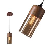 Wmmner Pendentif Industriel Rétro Modernelumière de Fourmi, Luminaire de Plafond À Abat-Jour En Verre Ambré, Finition À Grain de Bois En Métal, Éclairage Élégant D'Îlot de Cuisine, 20,2 Cm/7,9 Lampe S