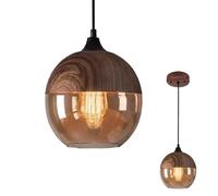 Wmmner Pendentif Industriel Rétro Modernelumière de Fourmi, Luminaire de Plafond À Abat-Jour En Verre Ambré, Finition À Grain de Bois En Métal, Éclairage Élégant D'Îlot de Cuisine, 20,2 Cm/7,9 Lampe S