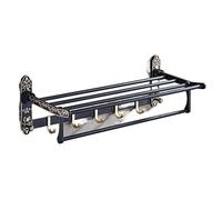 Wmmner Support de Rangement de Douche Mural Avec Porte-Serviettes Et 7 Crochets, Étagère de Salle Den Pliable de 19,6", Design Sculpté Élégant, Organisateur Peu Encombrant Pour Salle Den (Noir)