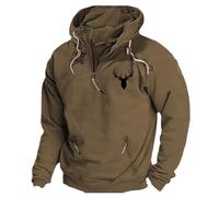 Wmmner Sweats À Capuche À Quart de Zip Pour Hommes Sweats À Capuche À Manches Longues Avec Poches T-Shirt Graphique Imprimé Tête de Cerf Pulls 2025/Sweat À Capuche Quart de Zip Pour Homme Couleur Café