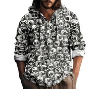 Wmmner Sweats À Capuche Halloween Pour Hommes Sweats Imprimés Crâne Sweats À Capuche En Coton Et Lin Pulls À Manches Longues Boutonnés/Gris/3Xl