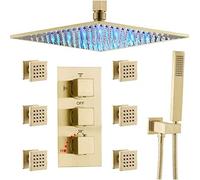 Wmmner Système de Douche,Tatic Brass Brushed Gold 10-16 Pouces Led Ceiling Rainfall Rain Shower Head Head System Avec 6 Pièces Body Jets Mixer Et Handheld Shower Set, 10 Pouces/A/16 Tum