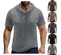 Wmmner T-Shirts À Poche Pour Hommes Sweats À Capuche À Manches Courtes T-Shirt À Capuche Demi-Bouton T-Shirt de Sport Pull Athlétique Musclé/Chemises Grises À Double Poches/M