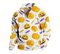 Wmmner T-Shirts Halloween Pour Hommes Sweat-Shirt Jack-O-Lantern Pull À Imprimé Citrouille 2025 Automne T-Shirt À Manches Longues Et Boutons/Blanc/S