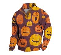 Wmmner T-Shirts Halloween Pour Hommes Sweat-Shirt Jack-O-Lantern Pull À Imprimé Citrouille 2025 Automne T-Shirt À Manches Longues Et Boutons/Violet 2/S