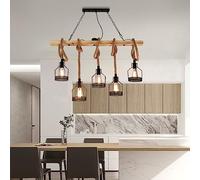 Wmmner Vintage Lamp Wooden Hanging Lamp Dining Table Lights Height Adjustable Light E27*5 Hemp Rope Chandelier Living Room Restaurant Ceiling Light Kitchen Island Bar Light Fixture 100Cm