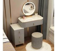 WMXZHJ Ensemble coiffeuse, coiffeuse et tabouret : coiffeuse moderne avec miroir lumineux réglable, 5 tiroirs et tabouret en métal gris - commode de chambre parfaite avec beaucoup de place