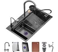 WMYYZYQ SinkSingle Bowl Évier cascade en acier inoxydable Nano revêtement évier avec robinet extractible et rondelle tasse Ensemble complet d'accessoires, noir, 75 x 45 x 22 cm