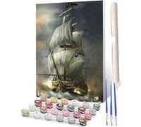 WMZPOY DIY Peinture par numéros Toile de peinture pour enfants ou adultes Débutant avec pinceaux et peintures acryliques sans cadre (40x50cm) bateau pirate des mers 3