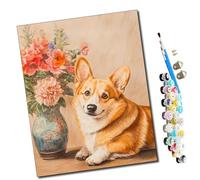 WMZPOY Peinture par Numéro Adulte Fleurs et sourire du Corgi 40x50cm Bricolage Tableau Peindre par Nombre pour Enfants Jouets à peindre, cadeaux peints à la mainHome Decor