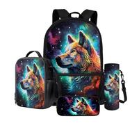 Wnbucioht Ensemble sac à dos d'école 4 en 1 pour enfants, garçons et filles, sac à déjeuner, trousse à crayons, bouteille et manchon d'eau, Galaxy Wolf., Sac à dos enfant
