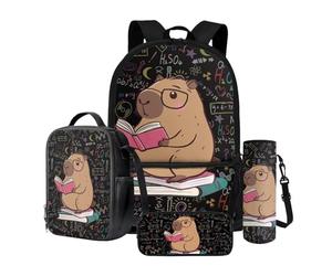 Wnbucioht Ensemble sac à dos d'école 4 en 1 pour enfants, garçons et filles, sac à déjeuner, trousse à crayons, bouteille et manchon d'eau, Apprendre le kapybara, Sac à dos enfant