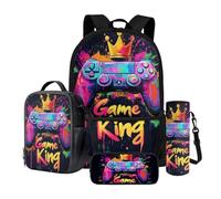 Wnbucioht Ensemble sac à dos d'école pour garçons et filles 4 en 1 avec sac à déjeuner, trousse à crayons, manches pour bouteille d'eau, Game King, Sac à dos enfant