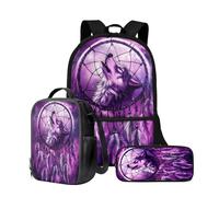 Wnbucioht Sac à dos 3 en 1 pour enfants garçons avec sac à déjeuner isotherme, porte-crayon, Attrape-rêves Loup, Taille unique, Ensemble cartable