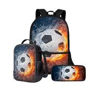 Wnbucioht Sac à dos 3 en 1 pour enfants garçons avec sac à déjeuner isotherme, porte-crayon, Ballon de football à flammes, Taille unique, Ensemble cartable